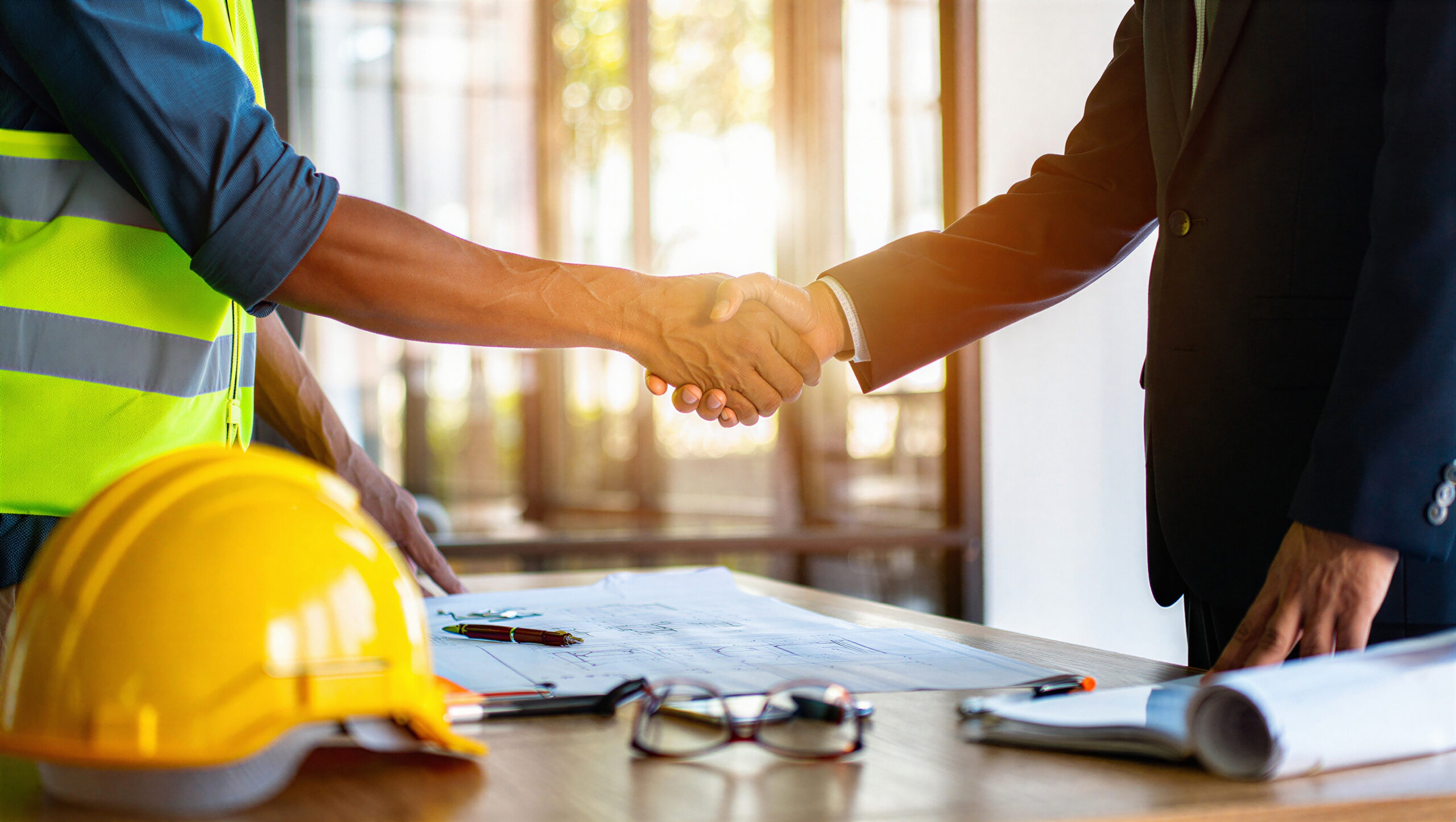 Construction worker and businessman shaking hands, sealing a deal on site